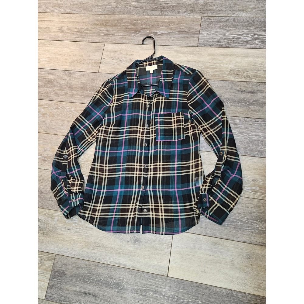 ModCloth Womens Medium Plaid Button Down Shirt Teal Purple Roll Tab Sleeve Top